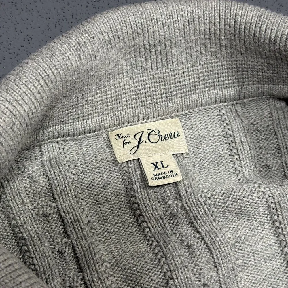 JCrew Cable Knit Collared Cardigan Sweater Mens XL Grey Button Front Cotton